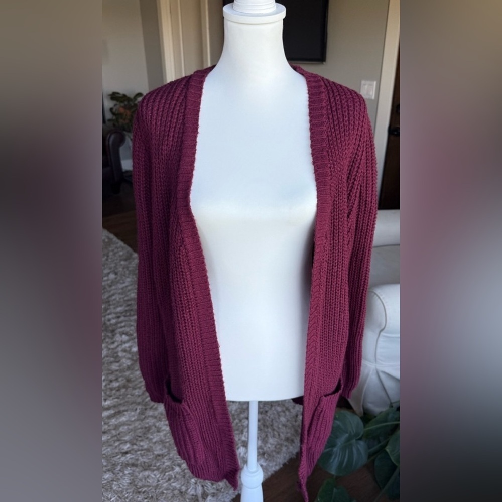 Almost Famous MEDIUM Burgundy Knit Cardigan Sweater With Back Lace Up Detail - Picture 2 of 8